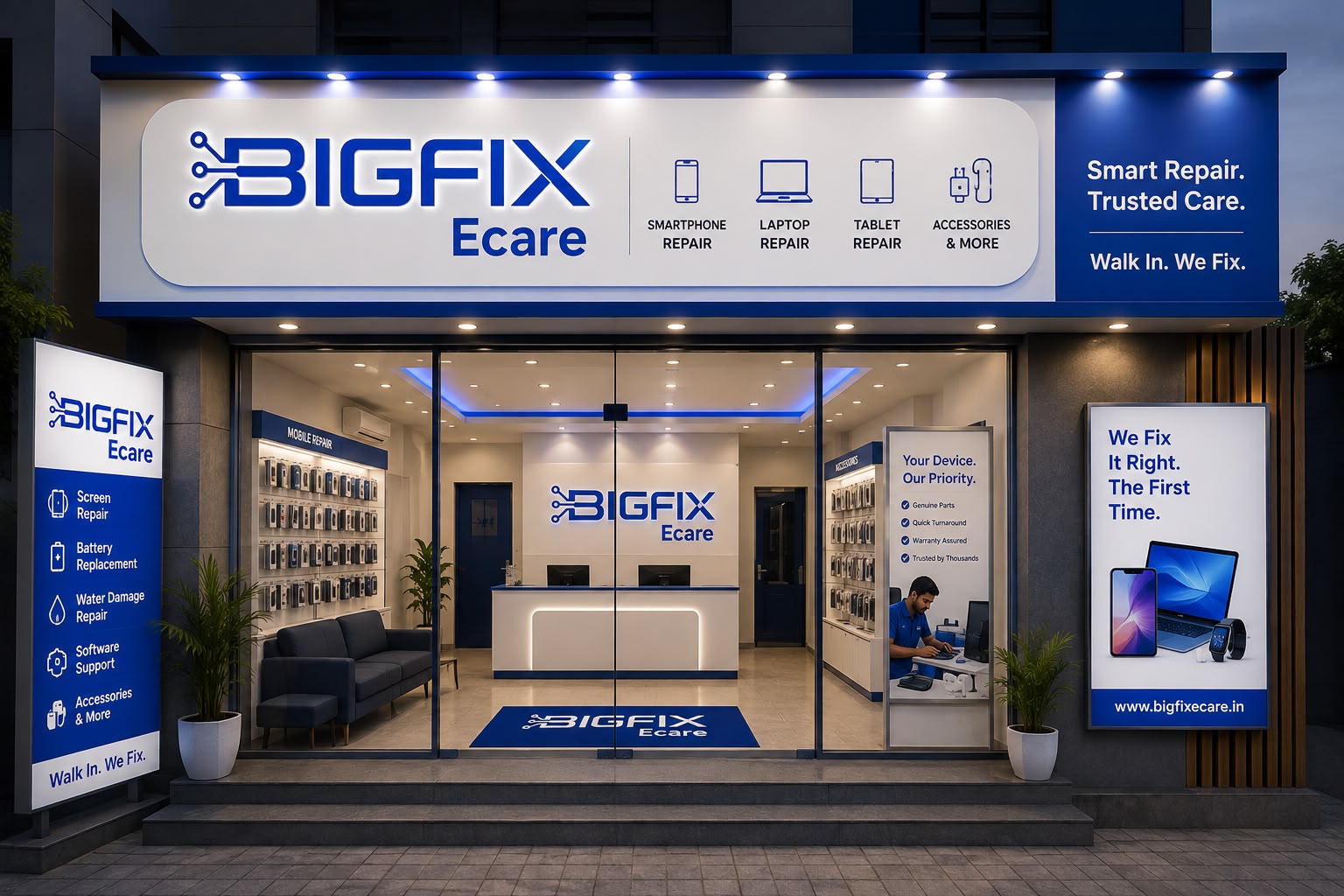 Bigfix Ecare franchise storefront with smartphone, laptop and tablet repair signage
