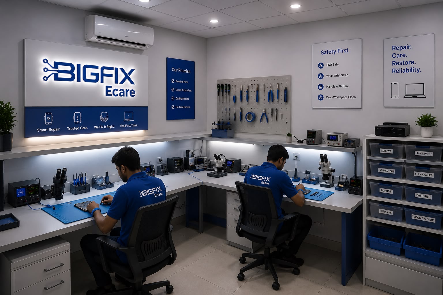 Bigfix Ecare technicians repairing devices at a modern workbench